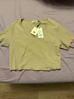 Tan Cropped Top Tee with Contrast Trim